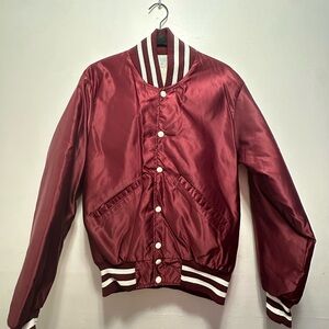 DeLong Sportswear Maroon Satin Bomber Jacket with White & Navy Trim